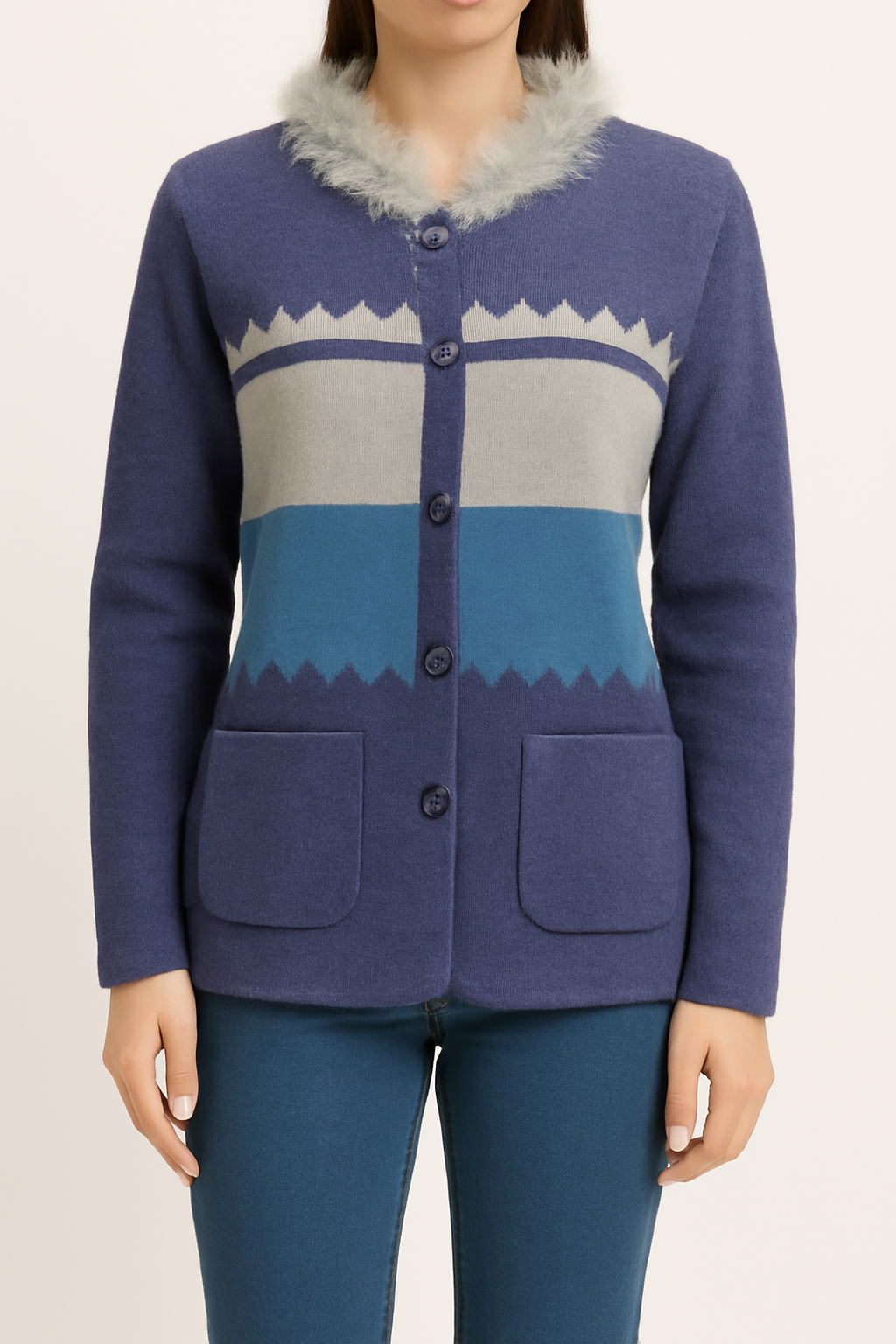 Cozy Wool-Blend Cardigan with Faux Fur Collar and Geometric Design