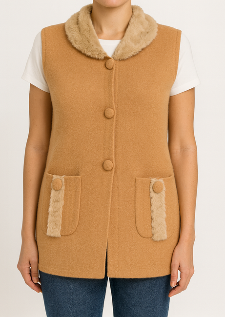 Camel Wool-Blend Sleeveless Vest with Faux-Fur Collar & Pocket Trim