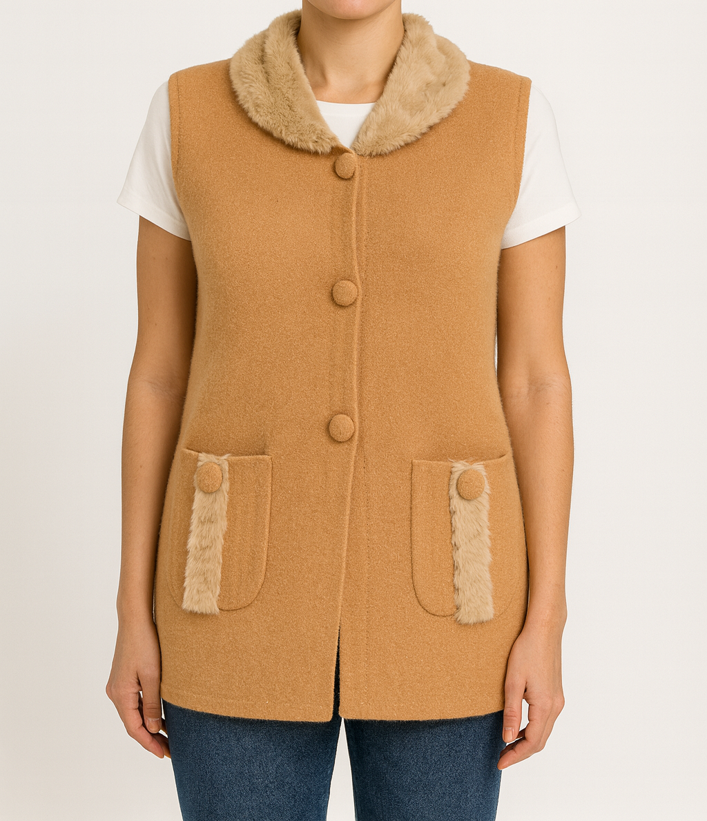 Camel Wool-Blend Sleeveless Vest with Faux-Fur Collar & Pocket Trim