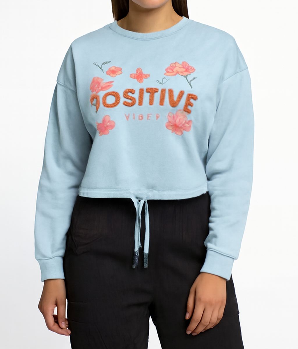 Positive Vibes Embroidered Sweatshirt with Floral Detail