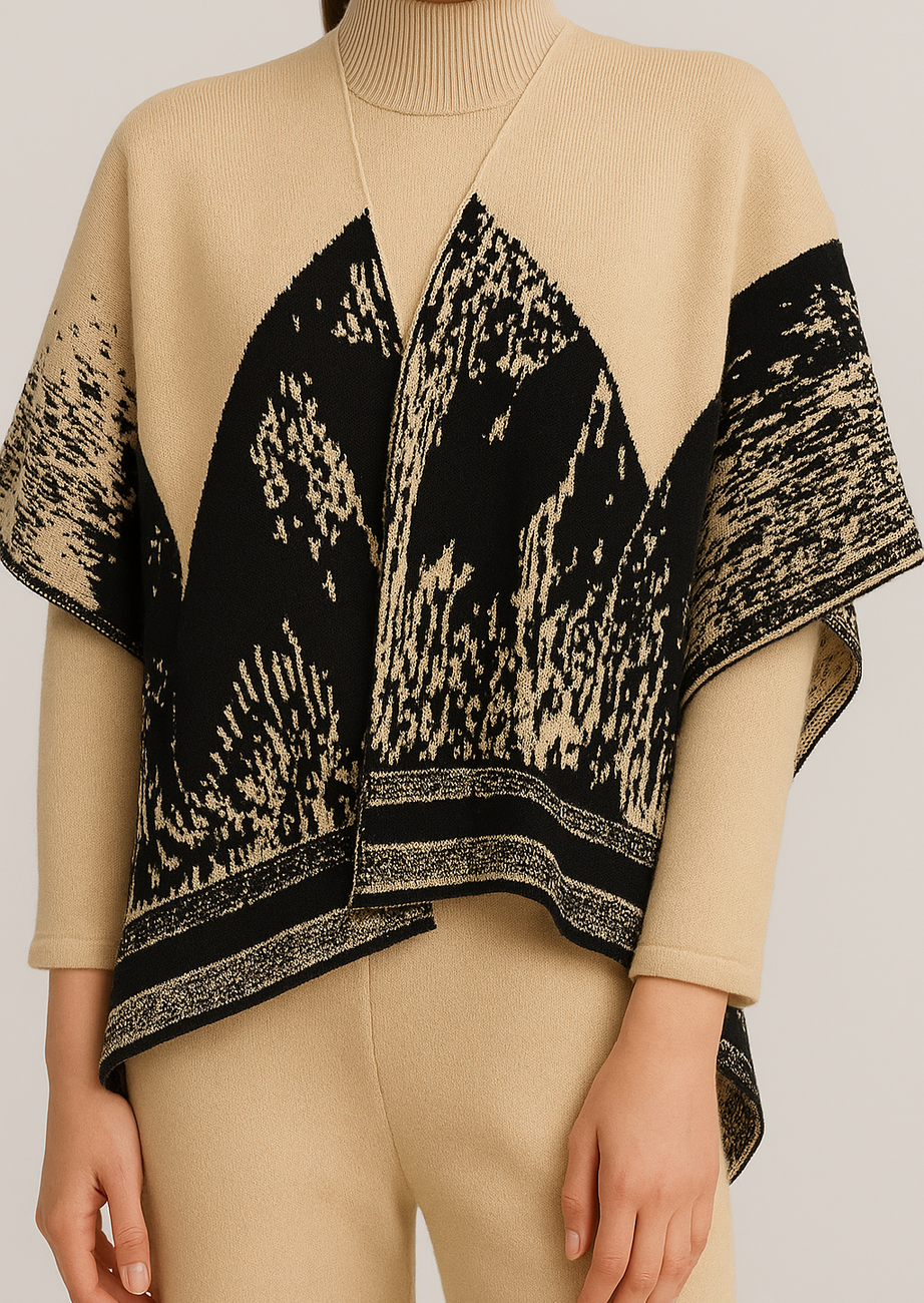 Luxe Burgundy Jacquard Knit Poncho & Wide-Leg Pant Set