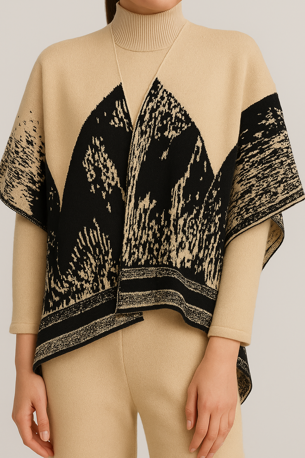 Luxe Burgundy Jacquard Knit Poncho & Wide-Leg Pant Set