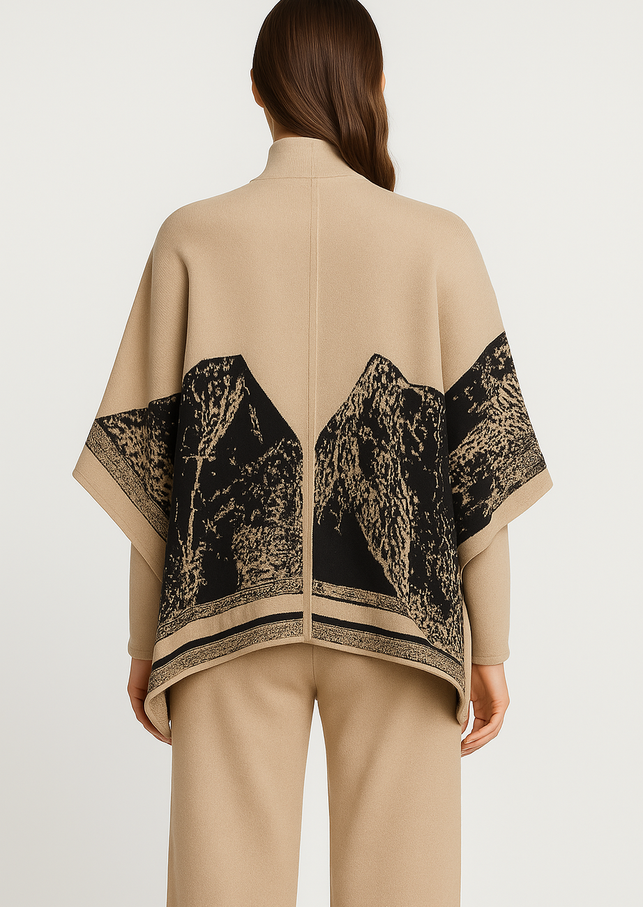 Luxe Burgundy Jacquard Knit Poncho & Wide-Leg Pant Set