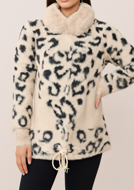 Women's Plush Leopard-Print Faux Fur jacket with Drawstring & Fur Collar