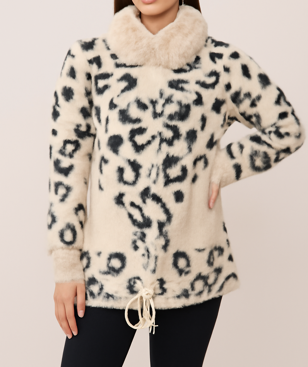 Women's Plush Leopard-Print Faux Fur jacket with Drawstring & Fur Collar