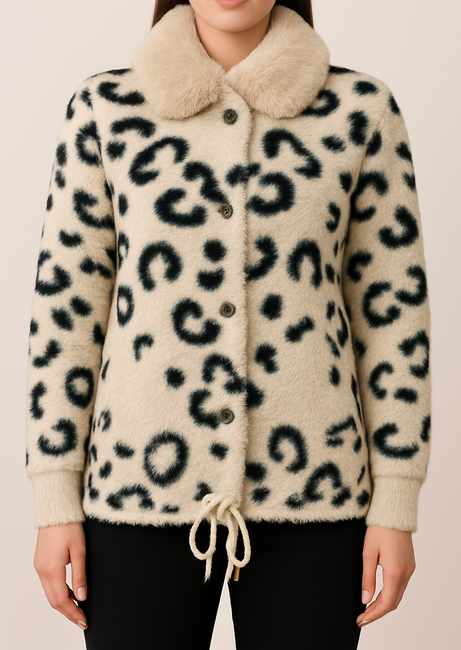 Women's Plush Leopard-Print Faux Fur jacket with Drawstring & Fur Collar