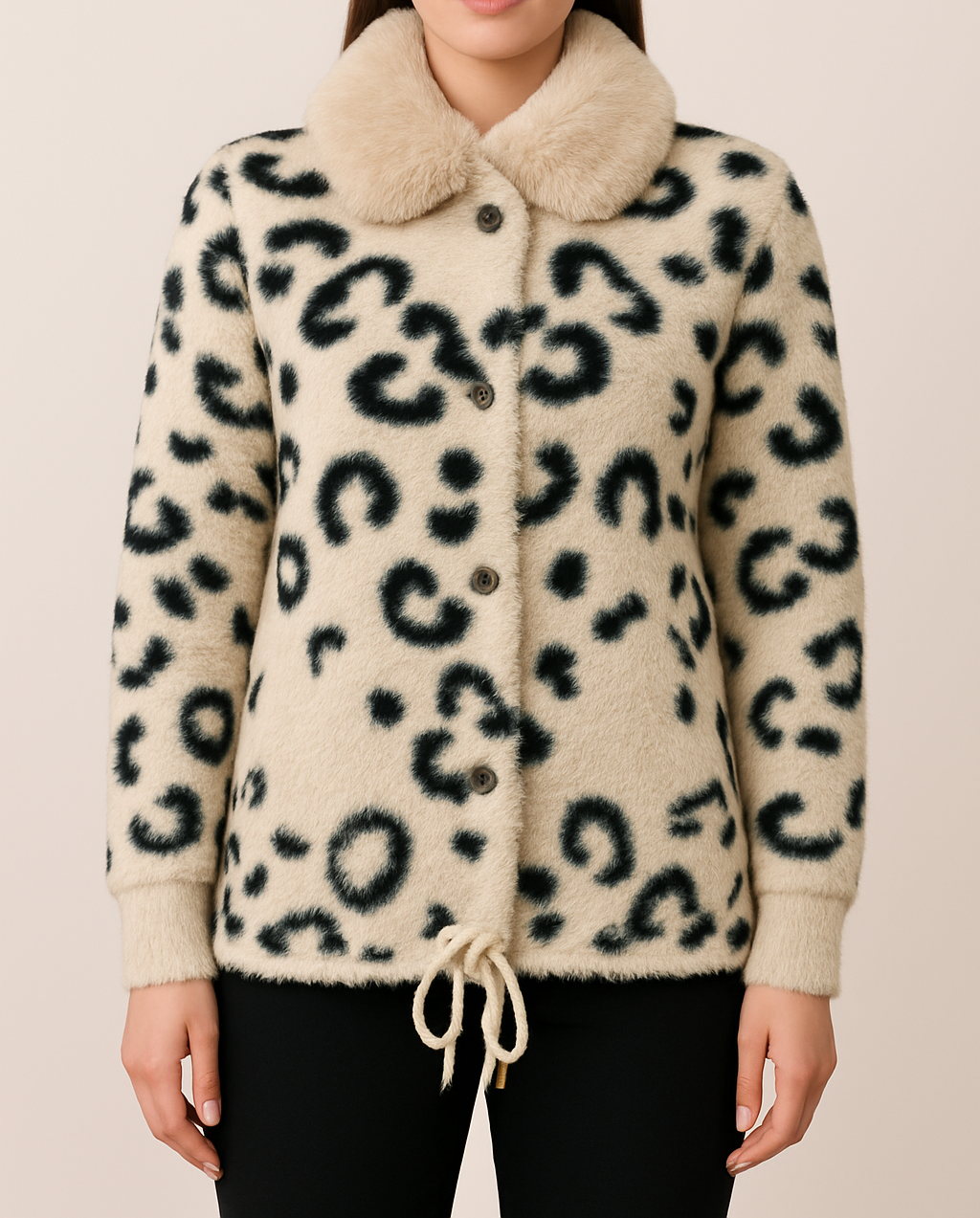 Women's Plush Leopard-Print Faux Fur jacket with Drawstring & Fur Collar