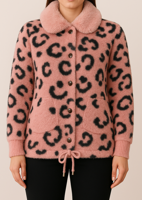 Women's Plush Leopard-Print Faux Fur jacket with Drawstring & Fur Collar