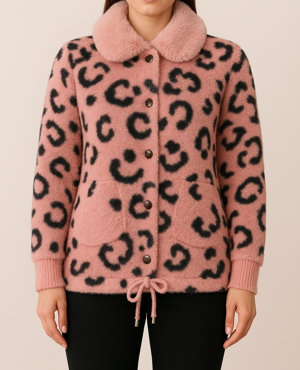 Women's Plush Leopard-Print Faux Fur jacket with Drawstring & Fur Collar