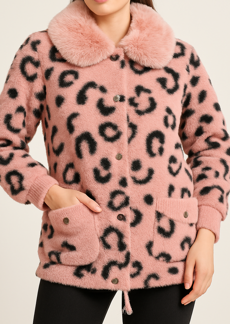 Women's Plush Leopard-Print Faux Fur jacket with Drawstring & Fur Collar