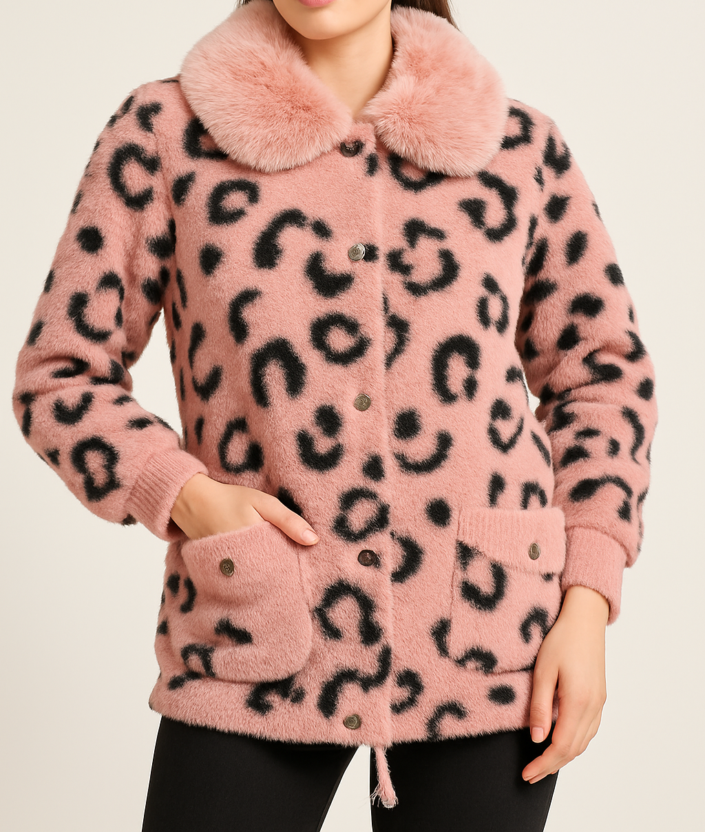 Women's Plush Leopard-Print Faux Fur jacket with Drawstring & Fur Collar