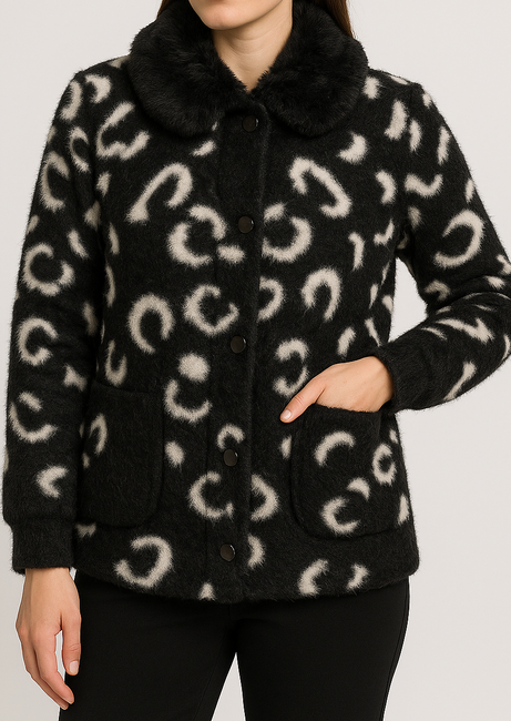 Women's black with white texture Plush Leopard-Print Faux Fur jacket with Drawstring & Fur Collar