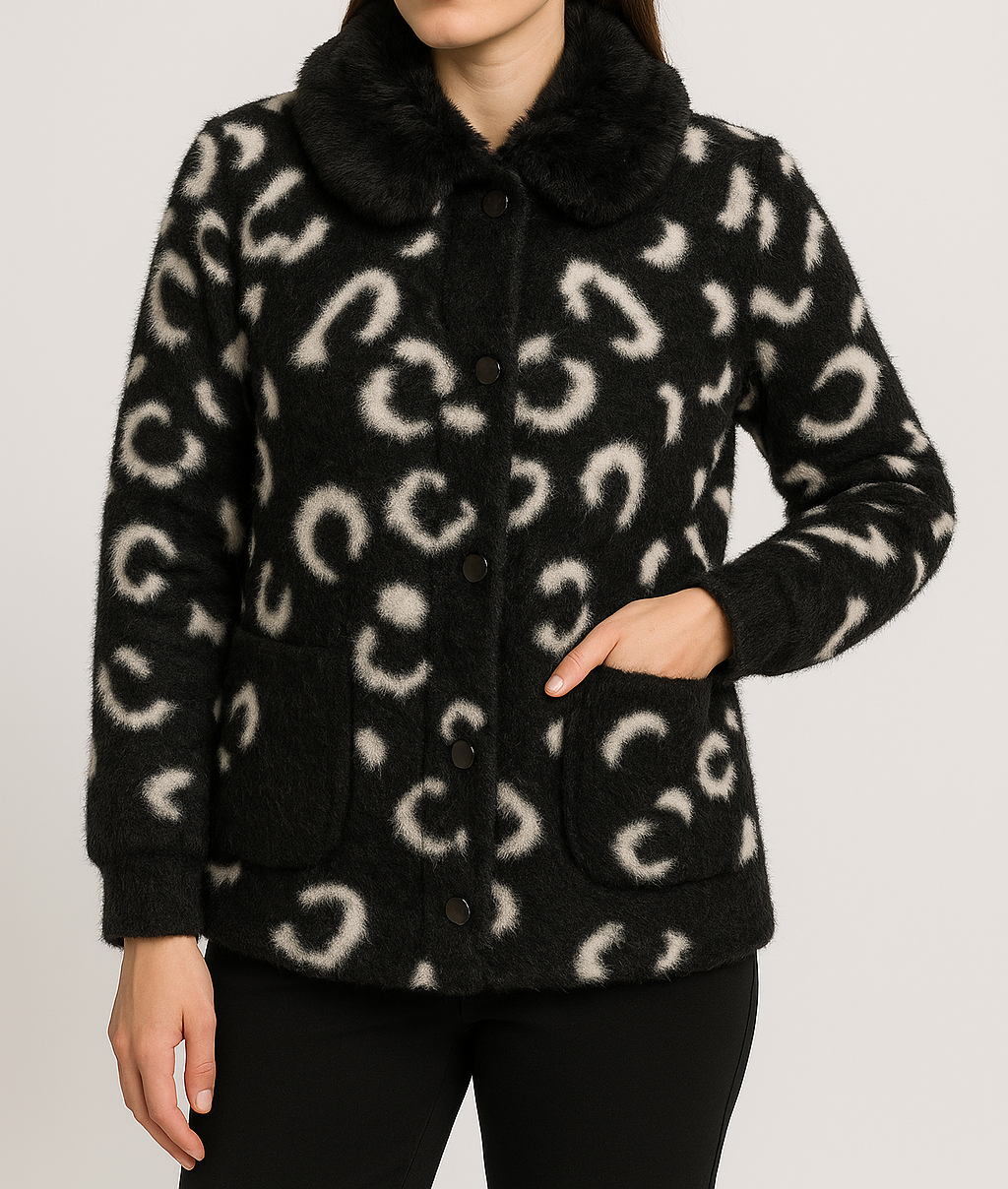Women's black with white texture Plush Leopard-Print Faux Fur jacket with Drawstring & Fur Collar