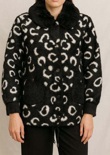 Women's black with white texture Plush Leopard-Print Faux Fur jacket with Drawstring & Fur Collar