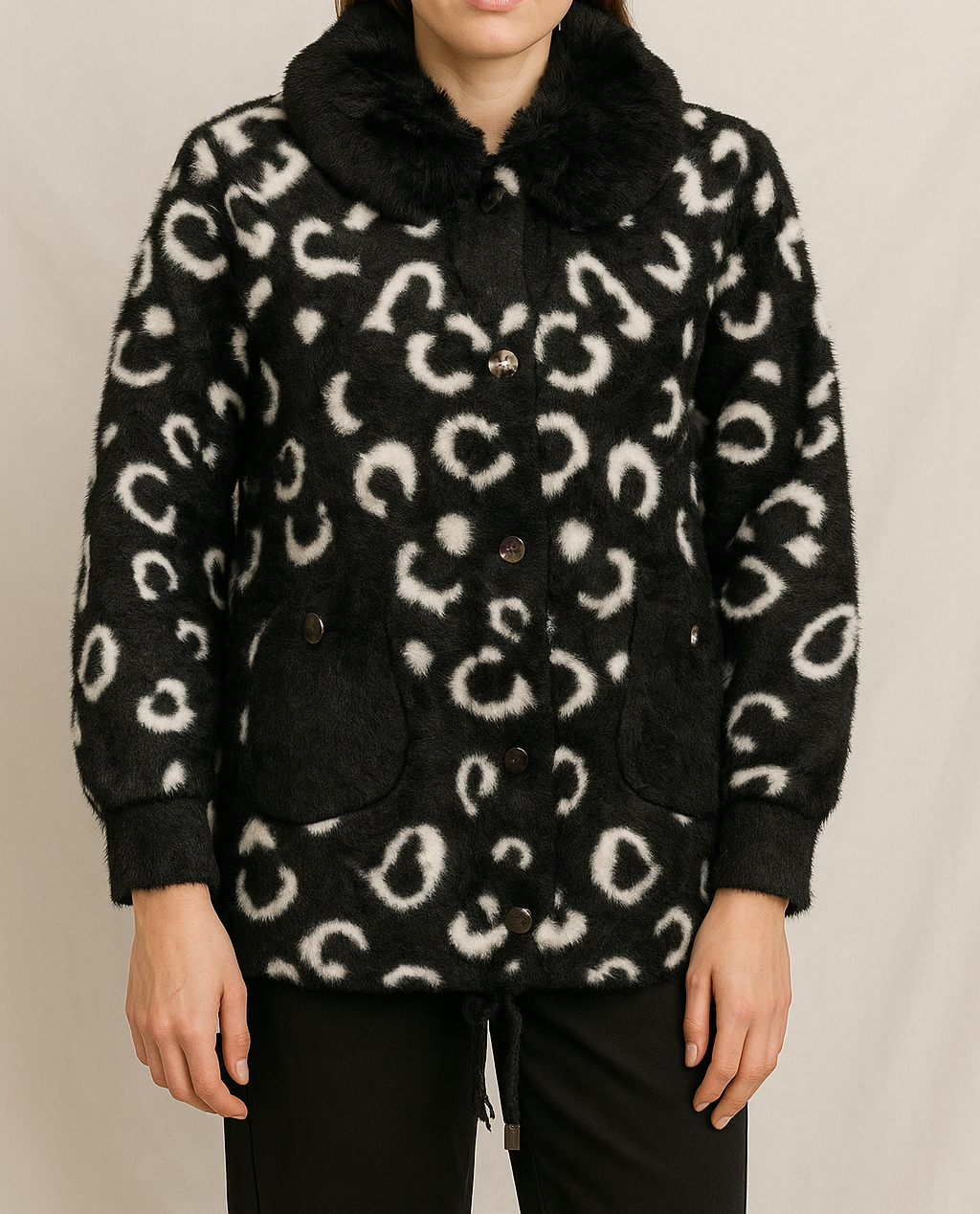 Women's black with white texture Plush Leopard-Print Faux Fur jacket with Drawstring & Fur Collar