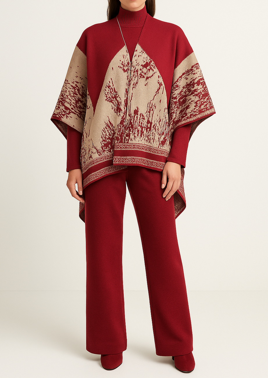 Elegant Burgundy Jacquard Knit Poncho Set with Wide-Leg Pants