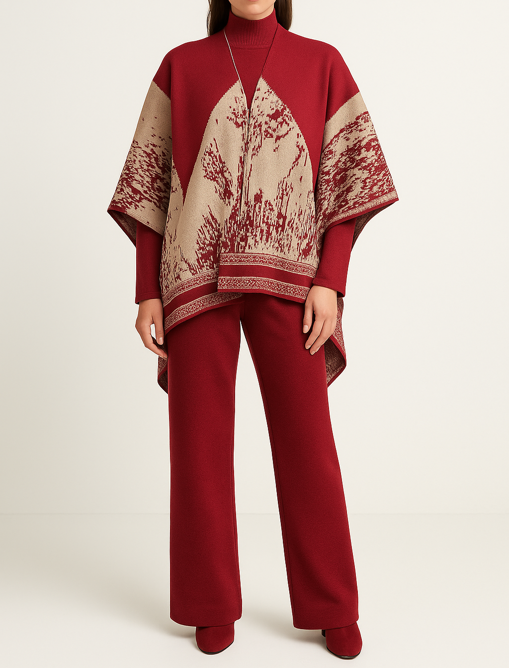 Elegant Burgundy Jacquard Knit Poncho Set with Wide-Leg Pants