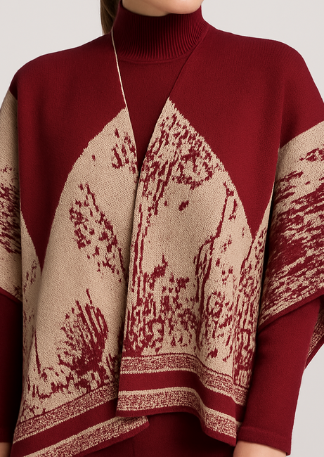 Elegant Burgundy Jacquard Knit Poncho Set with Wide-Leg Pants