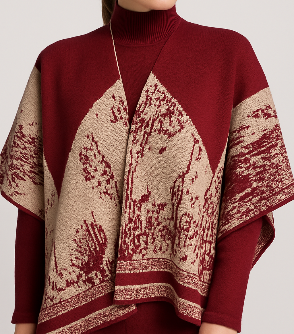 Elegant Burgundy Jacquard Knit Poncho Set with Wide-Leg Pants