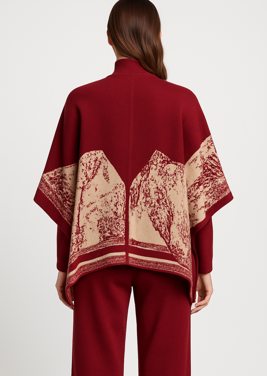 Elegant Burgundy Jacquard Knit Poncho Set with Wide-Leg Pants