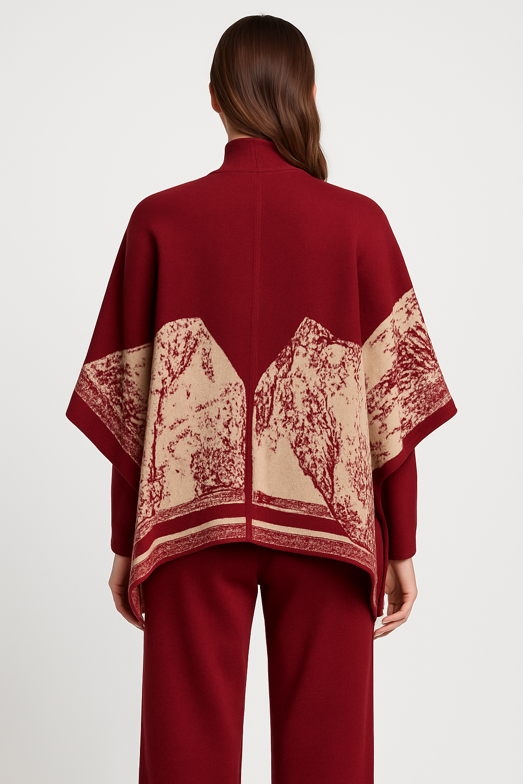 Elegant Burgundy Jacquard Knit Poncho Set with Wide-Leg Pants