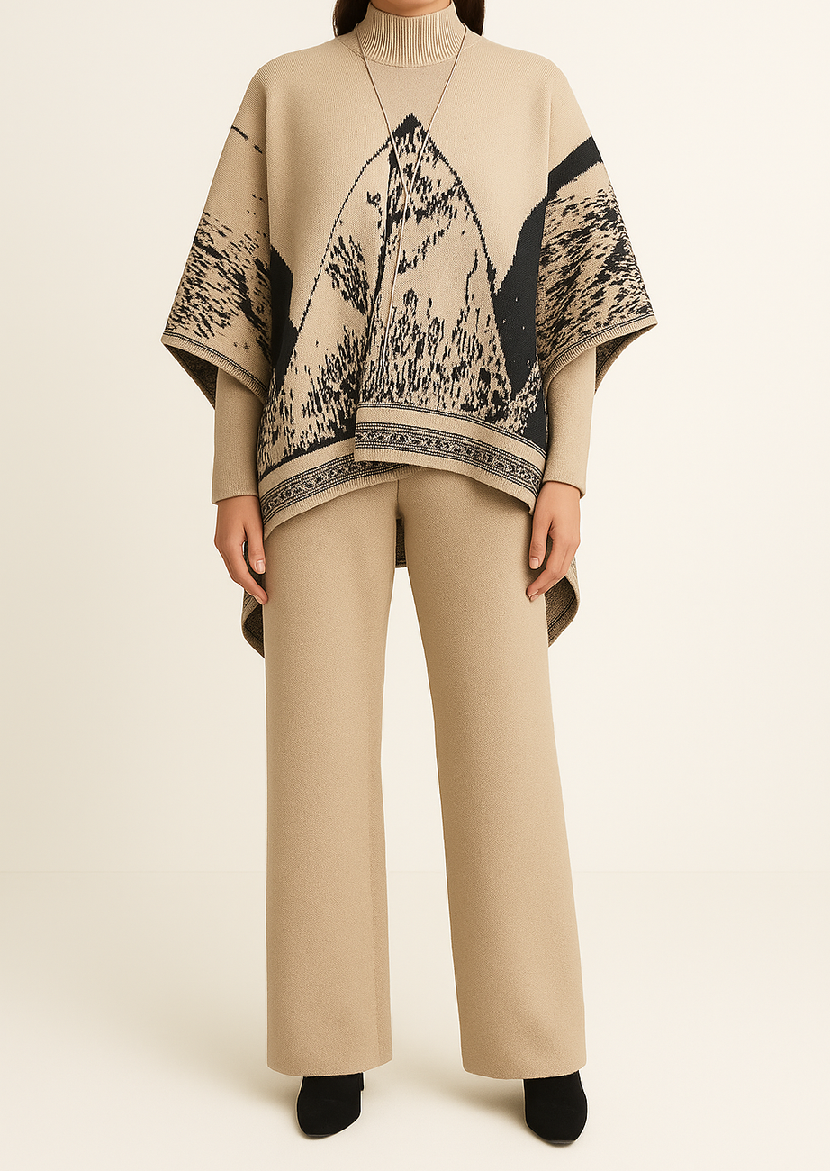 Luxe Burgundy Jacquard Knit Poncho & Wide-Leg Pant Set