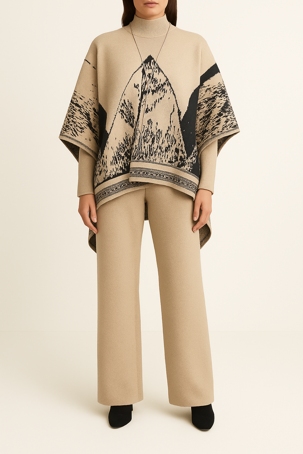 Luxe Burgundy Jacquard Knit Poncho & Wide-Leg Pant Set