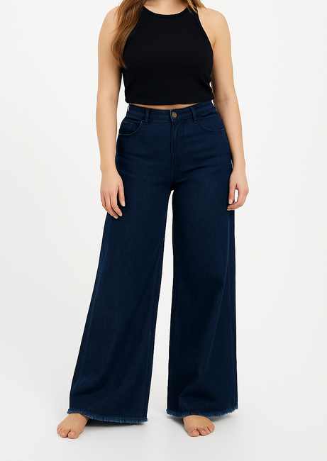 Dark Blue Wide Leg Open Bottom Ladies Jeans, comfort stretch Denim