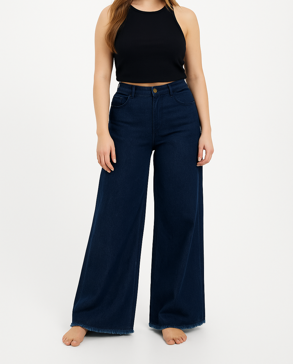 Dark Blue Wide Leg Open Bottom Ladies Jeans, comfort stretch Denim