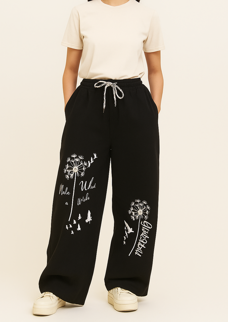 womens elegant black wide leg pants white floral pattern