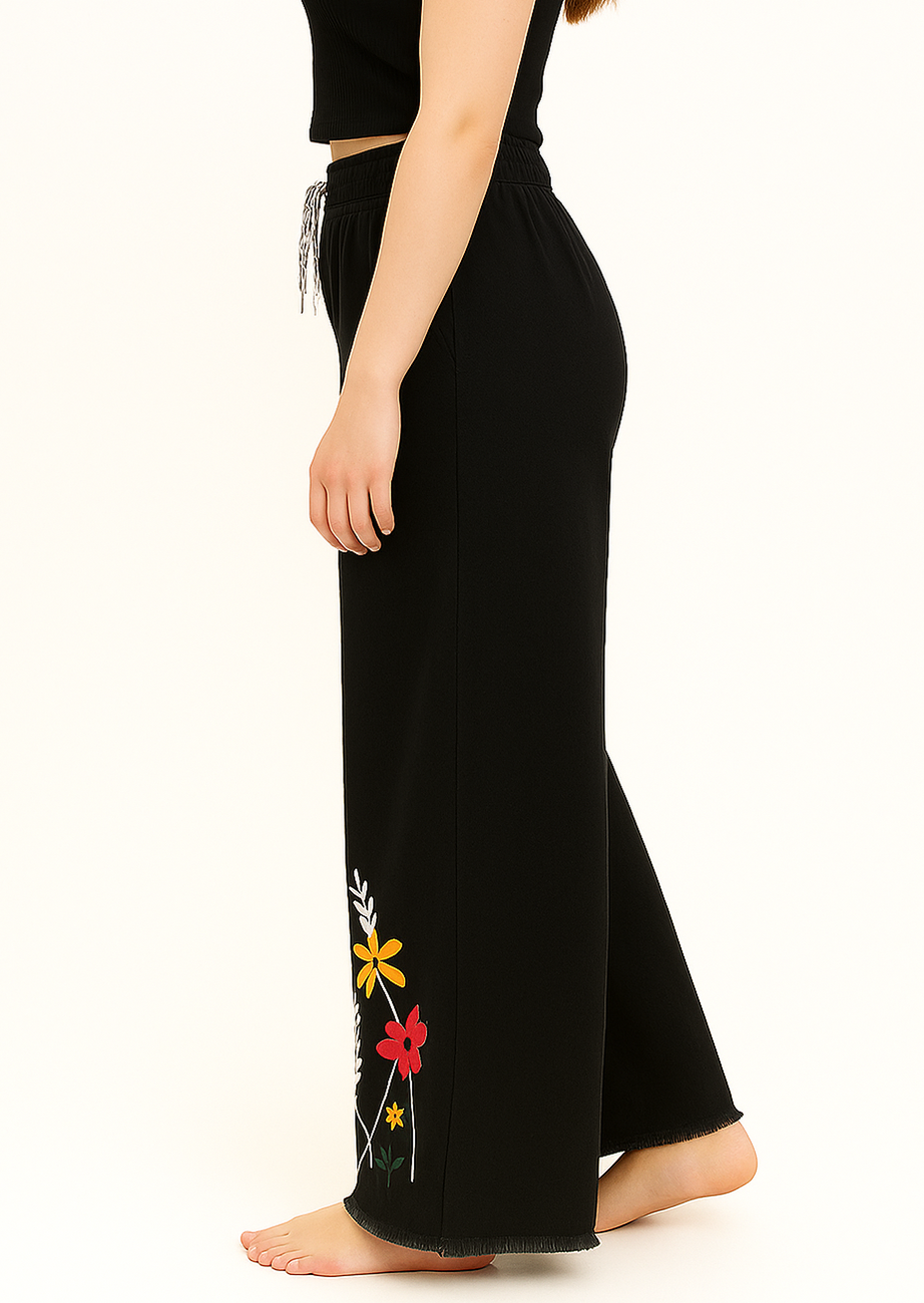 Buddha Stones Black Summer Plain Ethnic Embroidery Cotton Linen Drawstring Women's Pants With Pockets