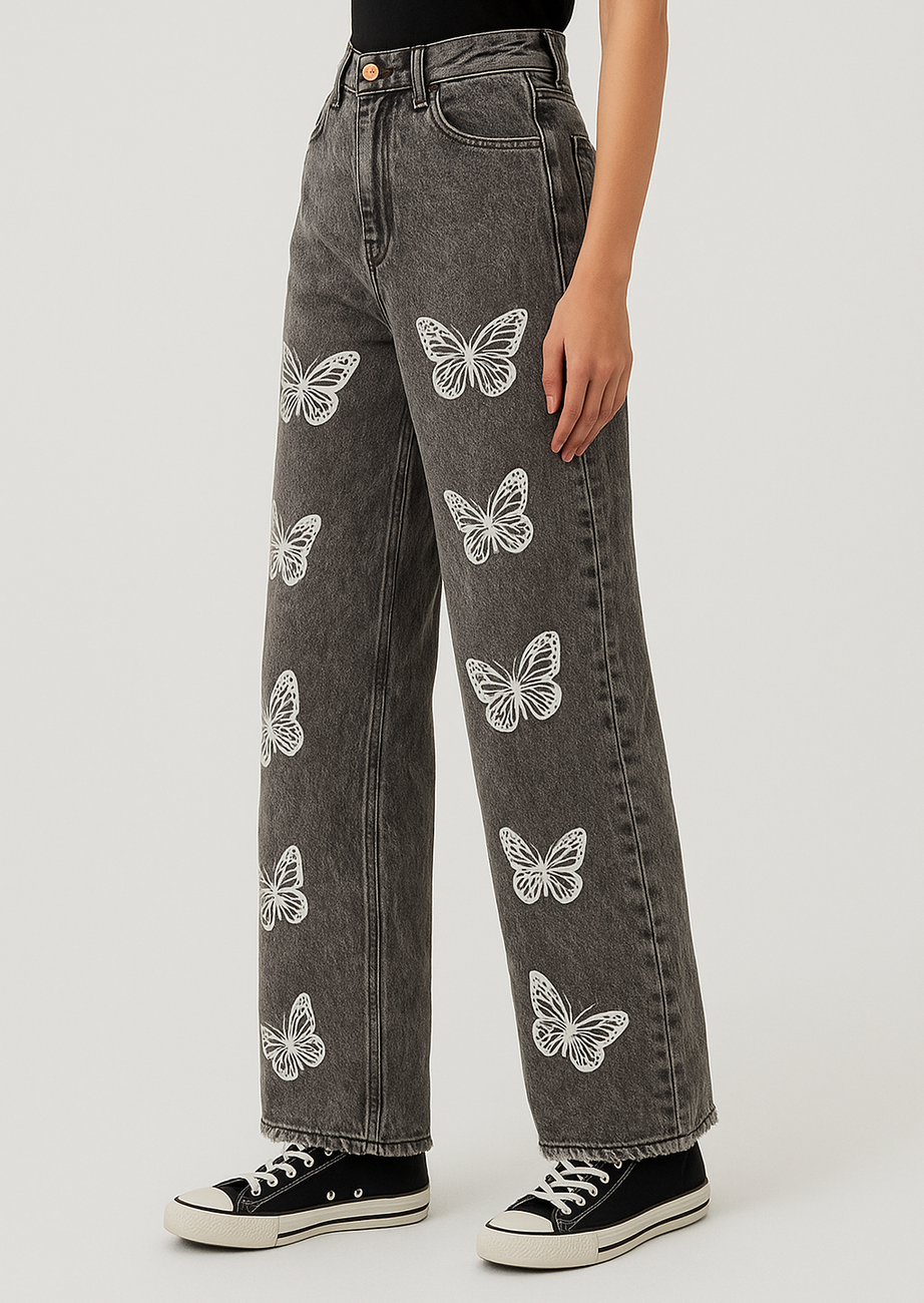 Plus Size Women Butterfly Print Button Waistband wide leg pant