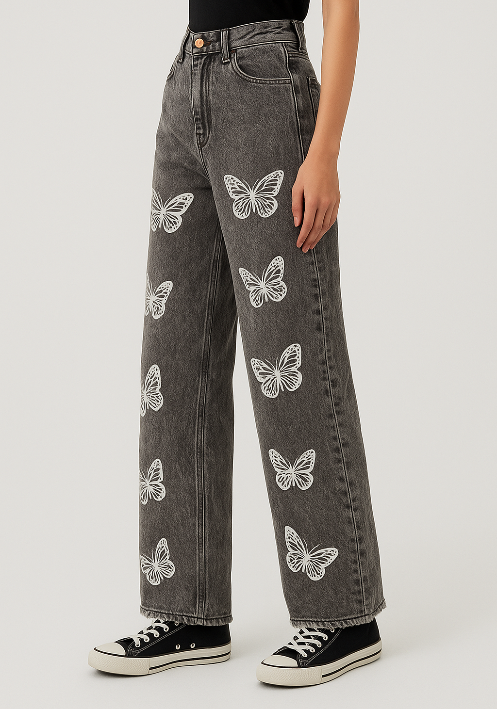 Plus Size Women Butterfly Print Button Waistband wide leg pant
