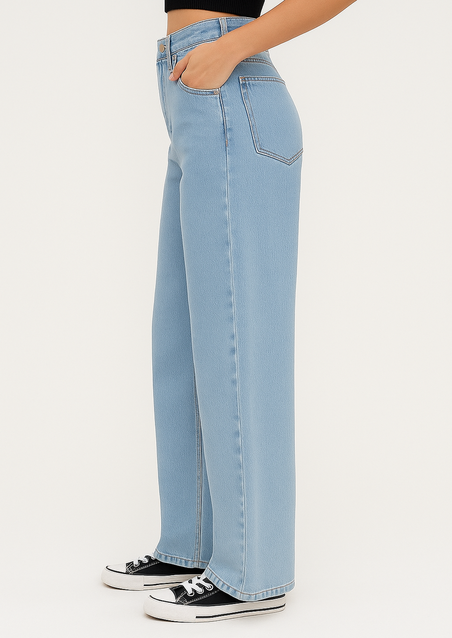 ice blue high waist wide leg denim jeans for women