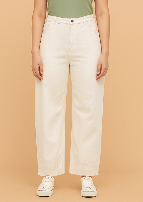 HIGH WAIST WIDE LEG EMBROIDERY ON BOTTOM  JEANS