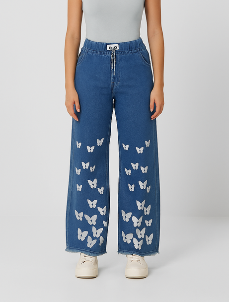 Girls' Stylish Casual Butterfly Print Jeans – Trendy High-Waist Denim Pants for Everyday Wear
