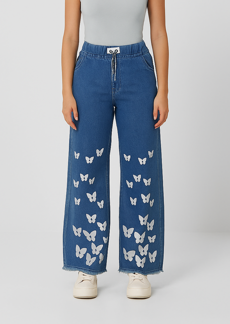 Girls' Stylish Casual Butterfly Print Jeans – Trendy High-Waist Denim Pants for Everyday Wear