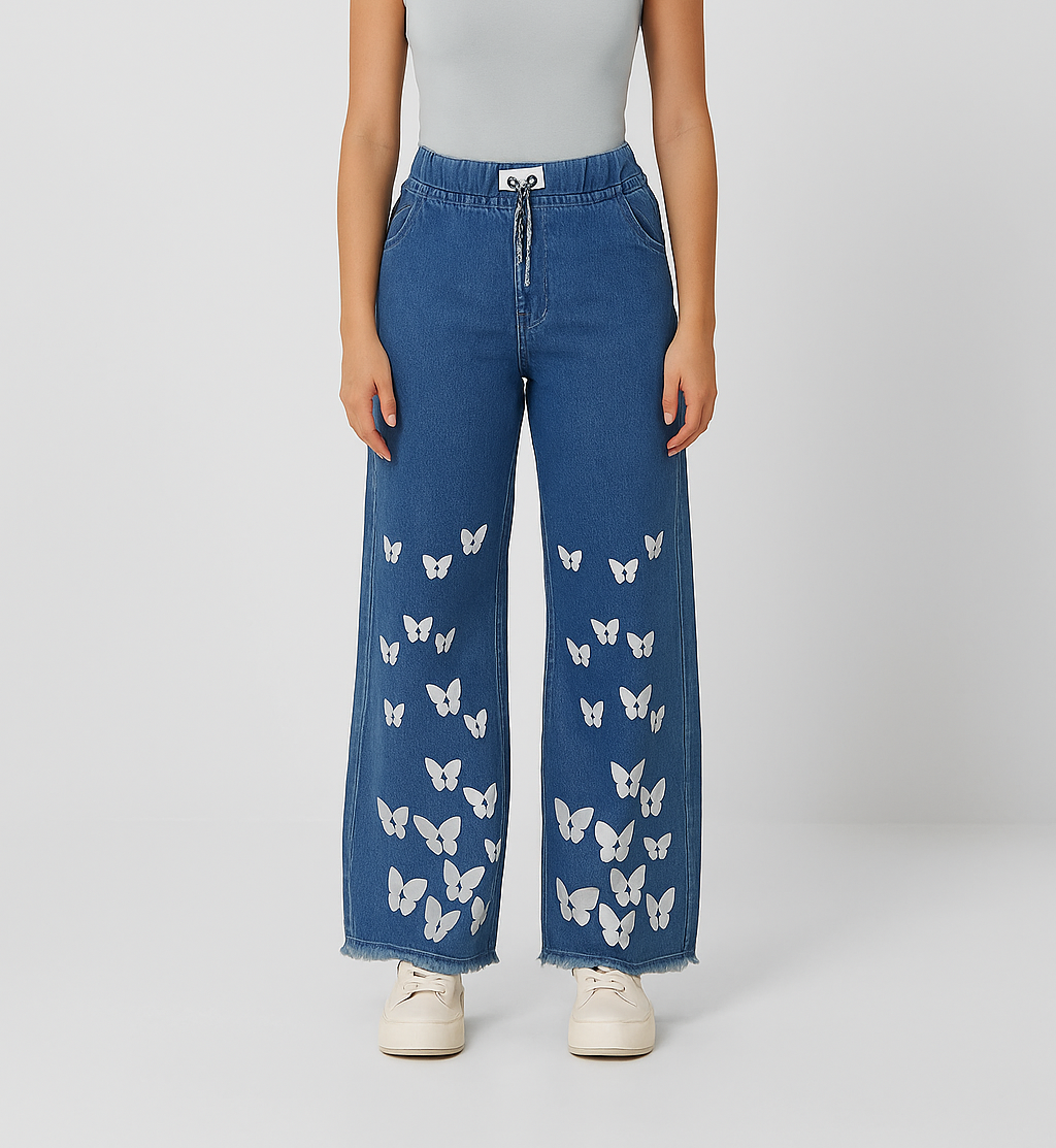 Girls' Stylish Casual Butterfly Print Jeans – Trendy High-Waist Denim Pants for Everyday Wear