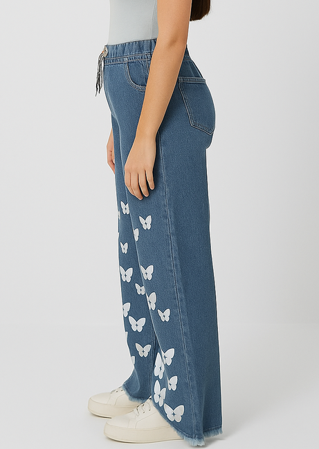 Girls' Stylish Casual Butterfly Print Jeans – Trendy High-Waist Denim Pants for Everyday Wear