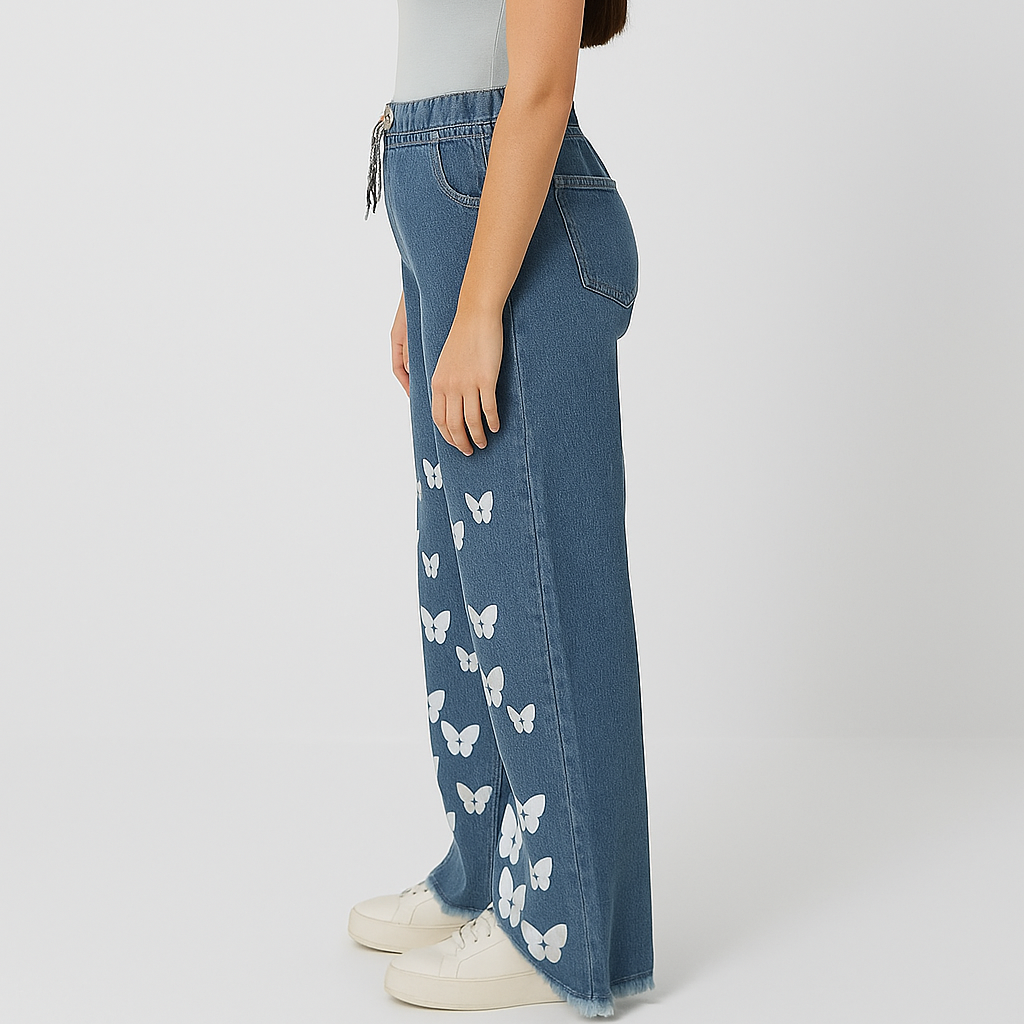 Girls' Stylish Casual Butterfly Print Jeans – Trendy High-Waist Denim Pants for Everyday Wear