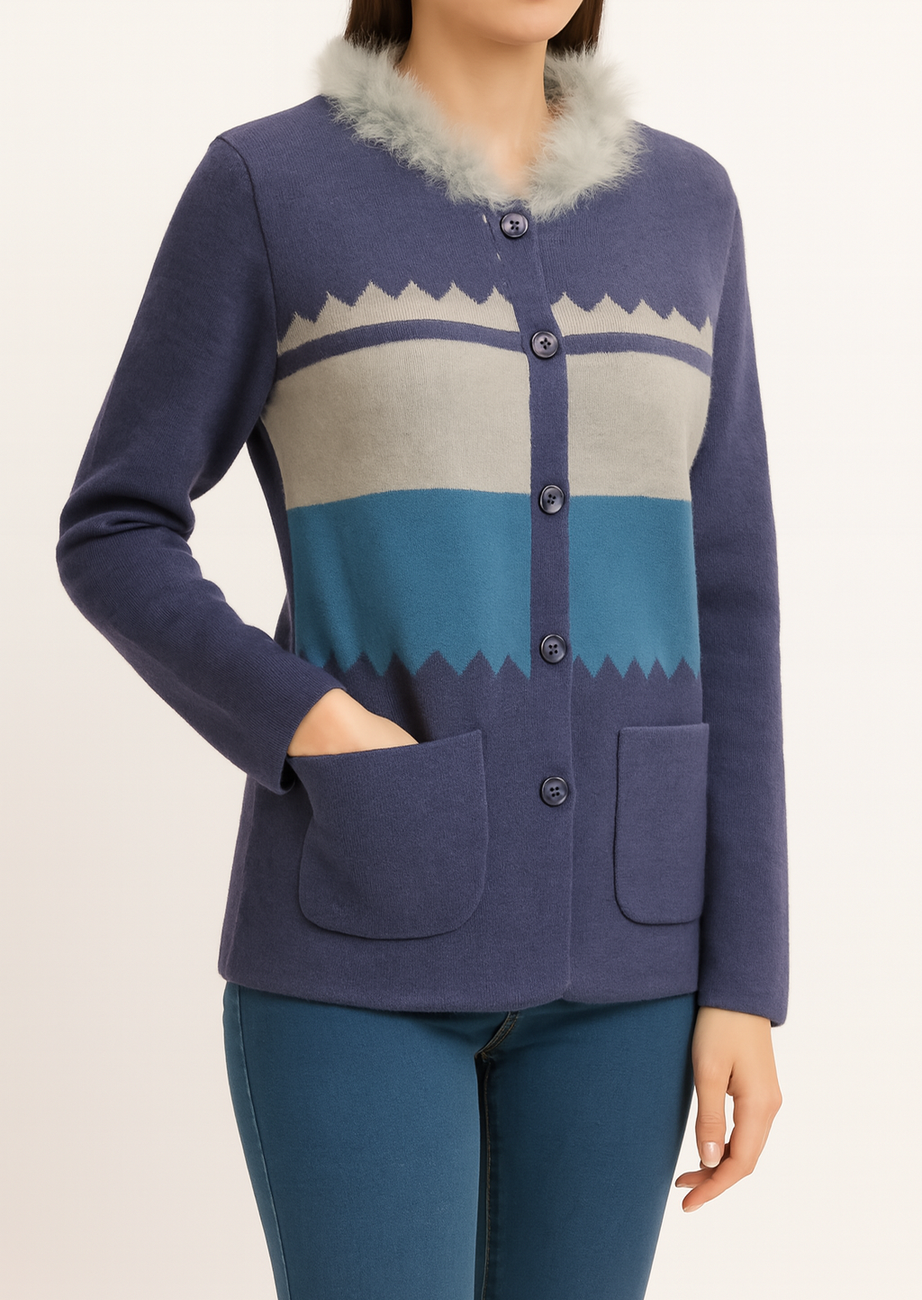 Cozy Wool-Blend Cardigan with Faux Fur Collar and Geometric Design