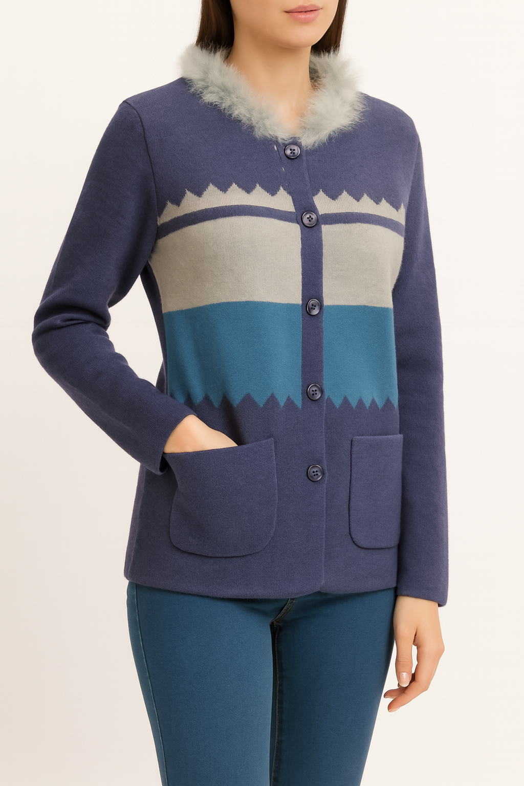 Cozy Wool-Blend Cardigan with Faux Fur Collar and Geometric Design