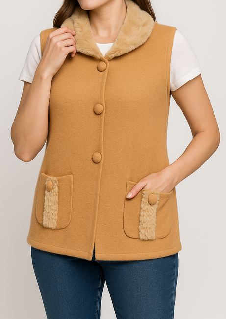 Camel Wool-Blend Sleeveless Vest with Faux-Fur Collar & Pocket Trim