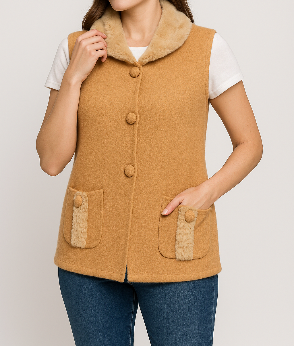 Camel Wool-Blend Sleeveless Vest with Faux-Fur Collar & Pocket Trim