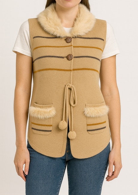 Camel Faux-Fur Collar Knit Vest with Tie and Striped Pockets