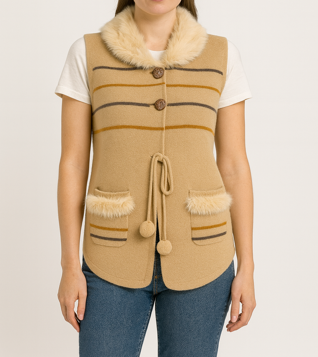 Camel Faux-Fur Collar Knit Vest with Tie and Striped Pockets