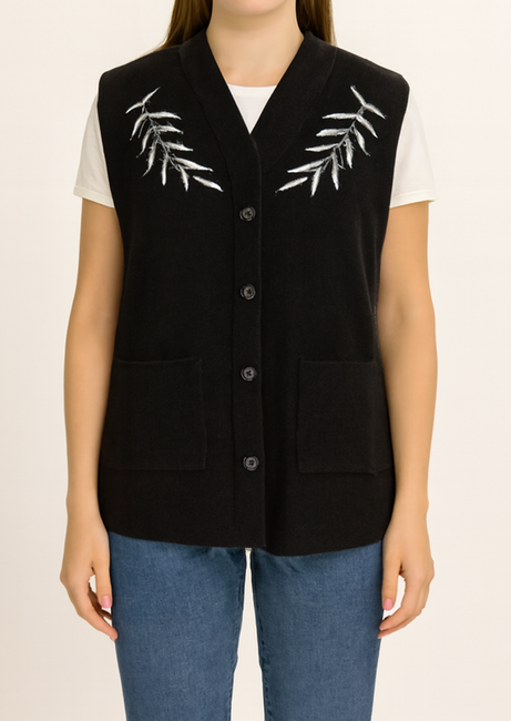 Elegant Black Woolen Sleeveless Cardigan with White Leaf Embroidery