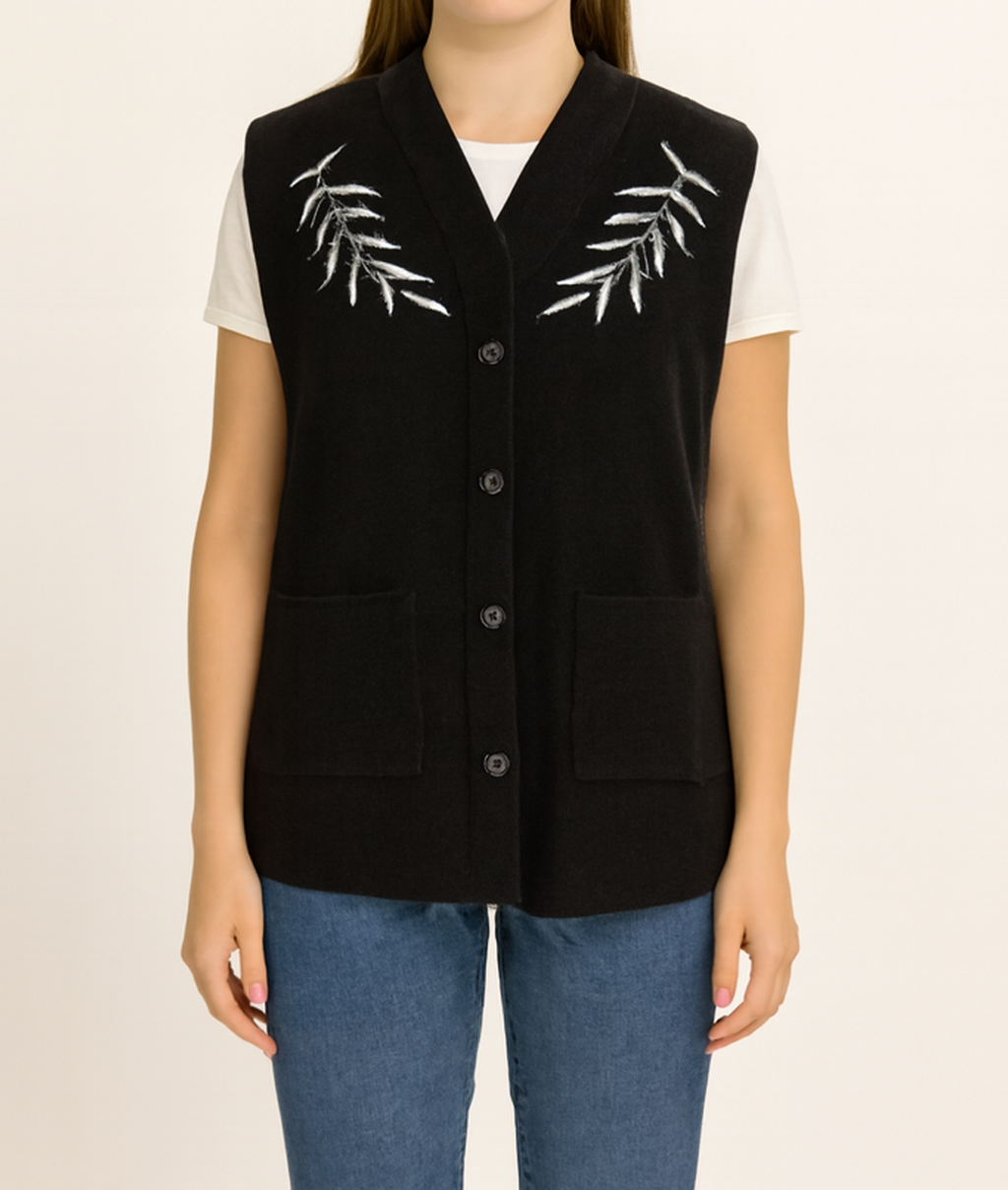Elegant Black Woolen Sleeveless Cardigan with White Leaf Embroidery