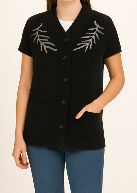 Elegant Black Woolen Sleeveless Cardigan with White Leaf Embroidery