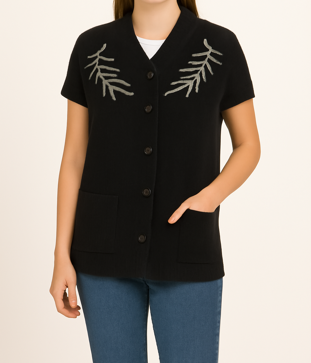 Elegant Black Woolen Sleeveless Cardigan with White Leaf Embroidery